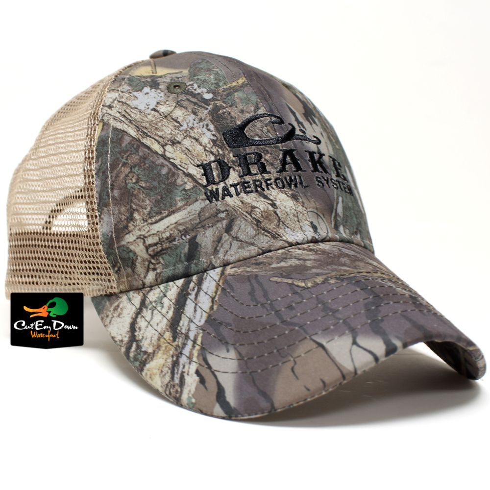DRAKE WATERFOWL SYSTEMS LOGO TRUCKER HAT CAP SHADOW BRANCH CAMO TAN