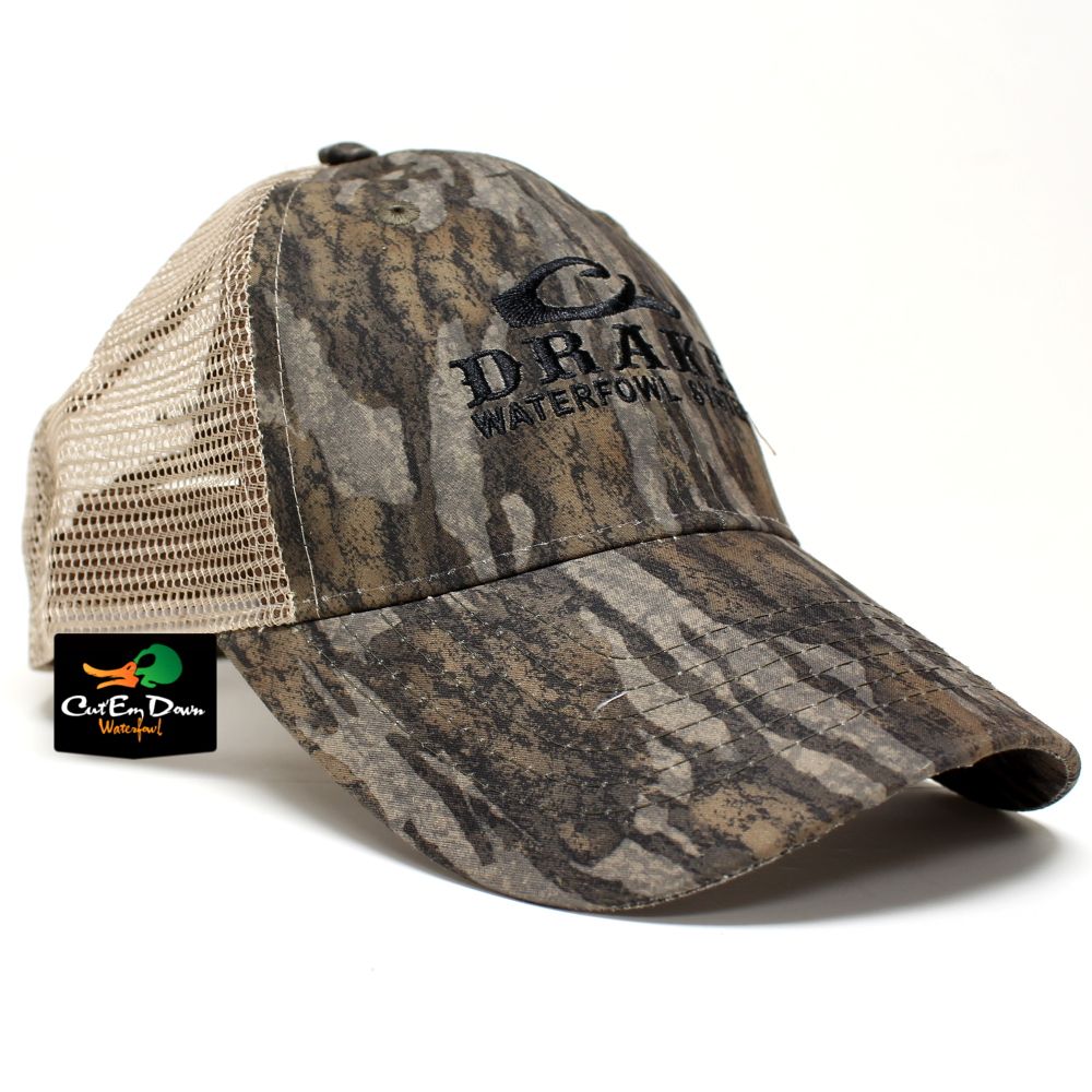 DRAKE WATERFOWL SYSTEMS LOGO TRUCKER HAT CAP BOTTOMLAND CAMO TAN MESH