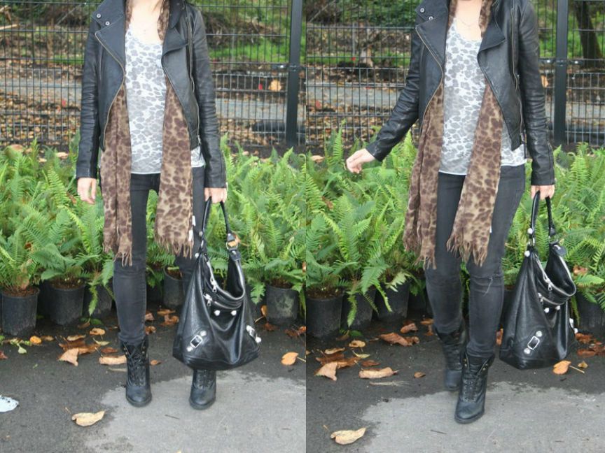 leopard on leopard details leopard scarf, leopard tank, aritzia mackage kenya leather jacket, american eagle jeans, balenciaga day hobo