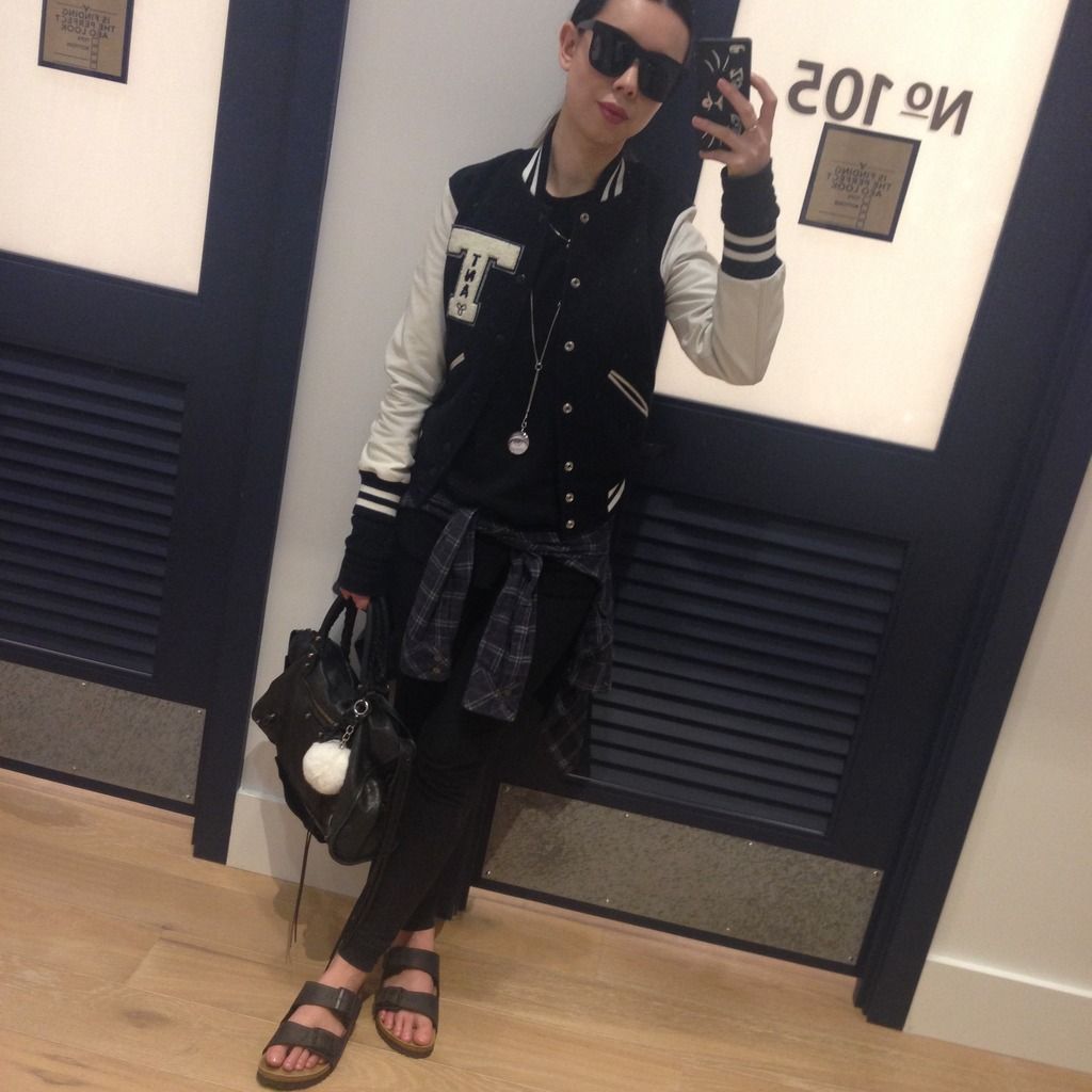 #ootd outfit featuring Firmoo sunglasses, Balenziaga city bag, TNA leggings, varsity jacket and birkenstocks.