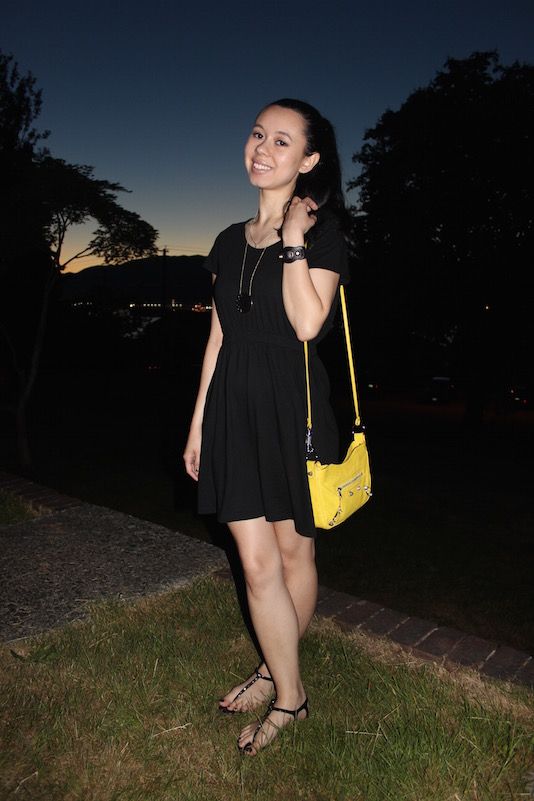 pop of yellow outfit Balenciaga mimosa yellow giant silver hardware hip bag, Old Navy dress, Balenciaga bracelet, Chanel sandals