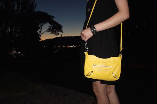 pop of yellow outfit details Balenciaga rosegold hardware leather bracelet, Balenciaga mimosa giant silver hardware hip crossbody bag