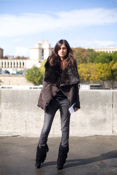 fall style inspiration emmanuelle alt emmanuelle alt rick owens jacket grey jeans fringe boots