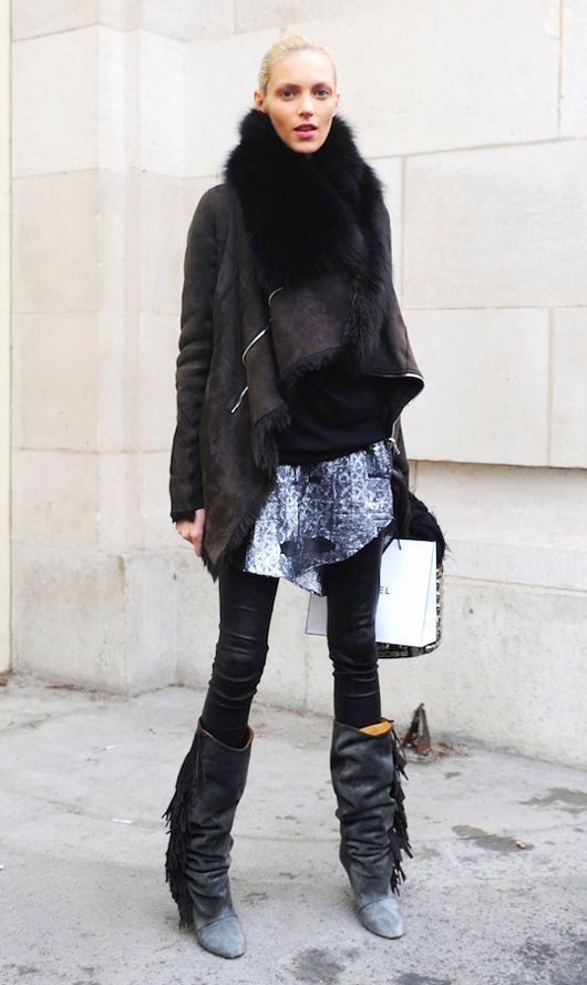 fall style inspiration anja rubik anja rubik rick owens jacket fringe boots