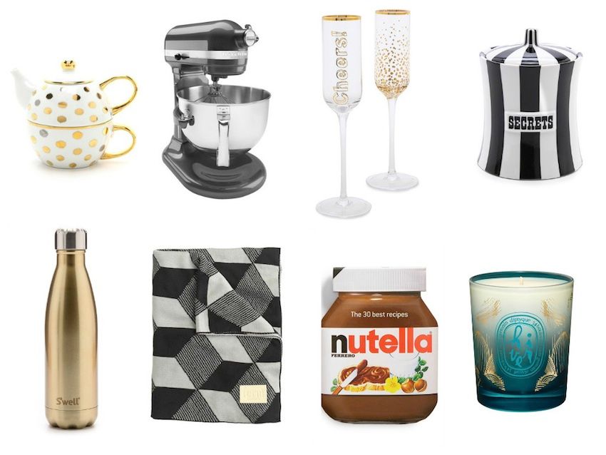 holiday gift guide: home christmas holiday gift guide, C. Wonder tea for one and champagne flute glasses, KitchenAid stand mixer, Jonathan Adler secrets canister, S'well water bottle, J.Crew blanket, Nutella recipe book, Diptyque winter candle