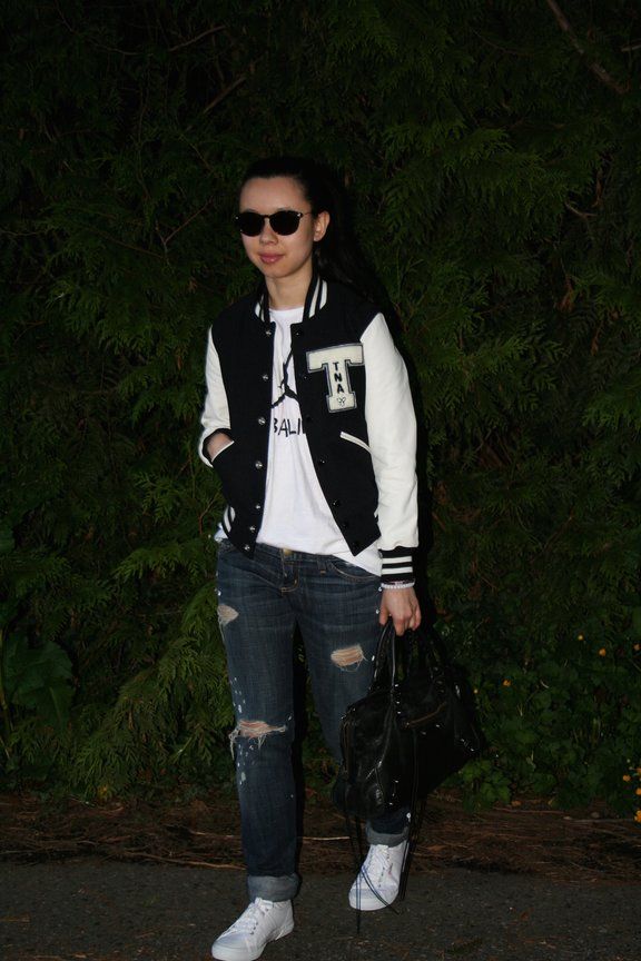 norm outfit firmoo sunglasses, aritzia tna spee varsity jacket, o'mighty tank
