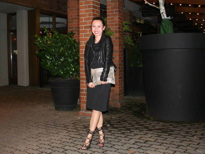 dressed up outfit mackage aritzia kenya leather jacket, wilfred free naomi dress, balenciaga clutch, lace up sandals