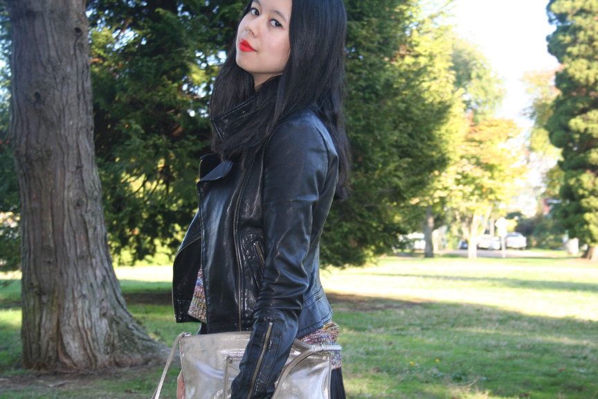 transition outfit details Mackage Aritzia Kenya leather jacket, Wilfred sweater, Balenciaga clutch, MAC lady danger lipstick