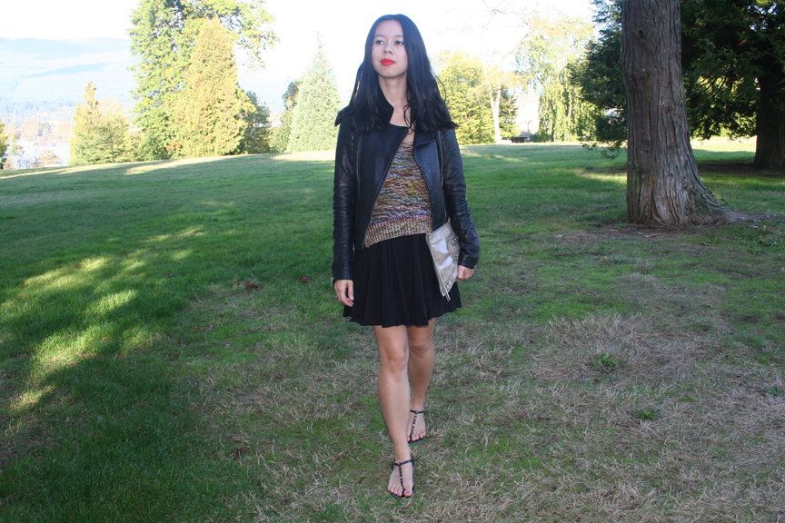 transition outfit transition summer dress to early fall sweater, black leather jacket