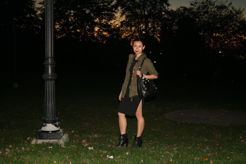 fall dressing outfit fall ootd Balenciaga hobo bag, Old Navy surplus jacket, Wilfred Free dress