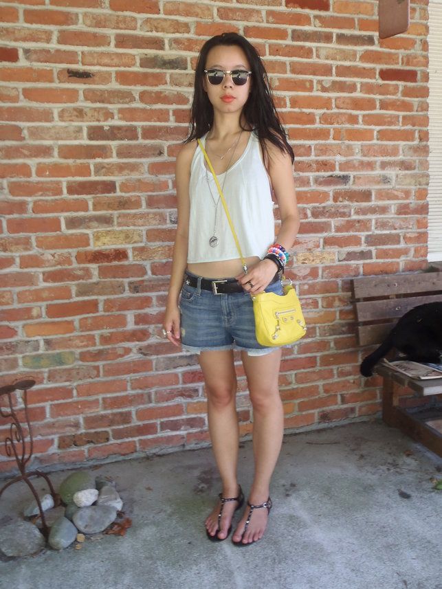 mid outfit aritzia wilfred tank, balenciaga hip, ann demeulemeester necklace, famous stars and straps belt, current/elliott jean shorts