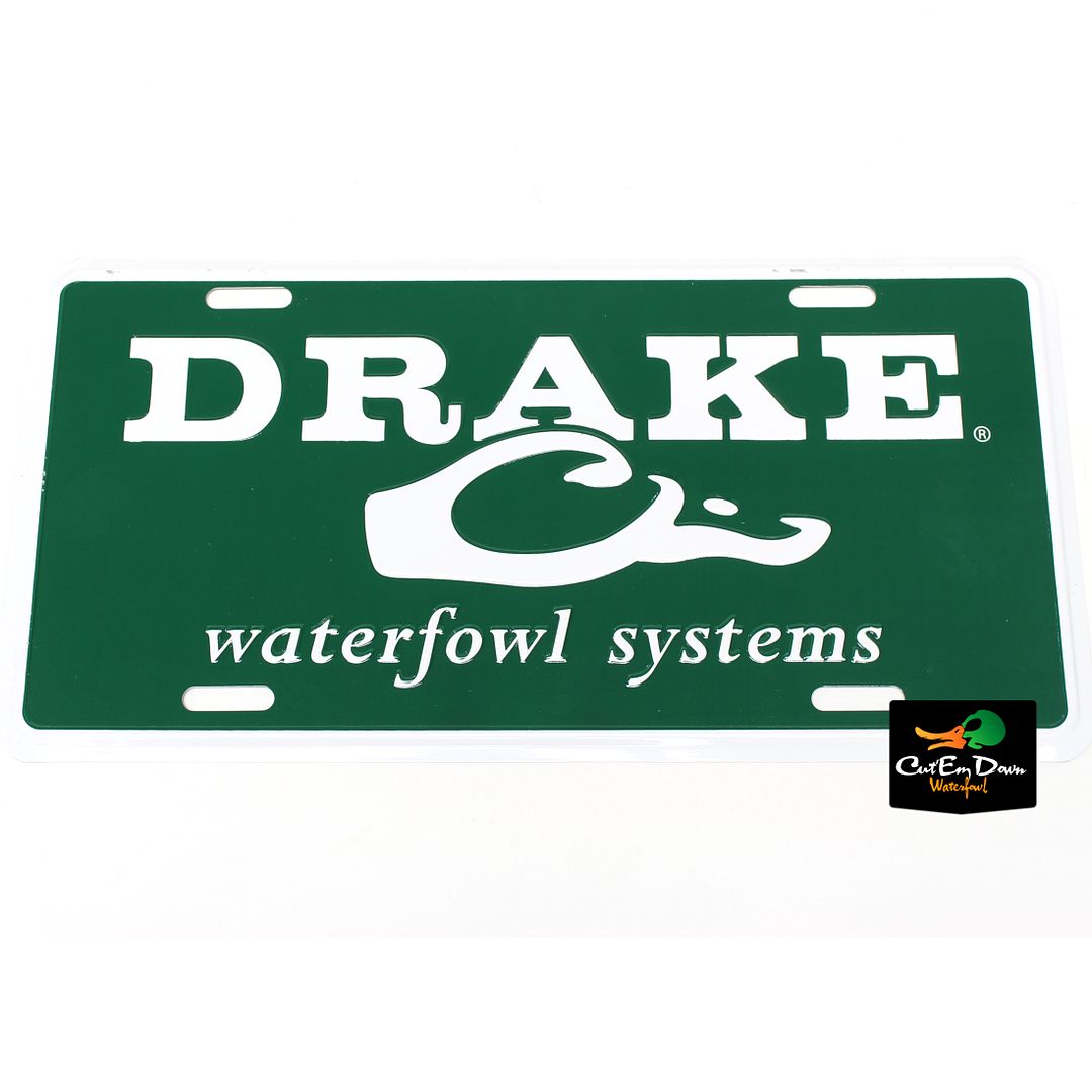 DRAKE WATERFOWL SYSTEMS AUTHENTIC LOGO WHITE METAL LICENSE PLATE GREEN LOGO